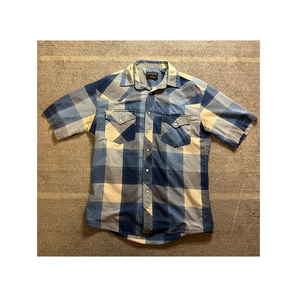 Rustler by Wrangler Mens Blue Plaid Pearl Snap Short Sleeve Western Shirt M